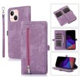 thumbnail image 1 of Nalacover Zipper Wallet Case for iPhone 14 Plus, Wrist Hand Strap Lanyard Crossbody Premium PU Leather + Soft TPU Magnetic Buckle Flip Cover with Card Slots Holder Kickstand Case, Purple, 1 of 7