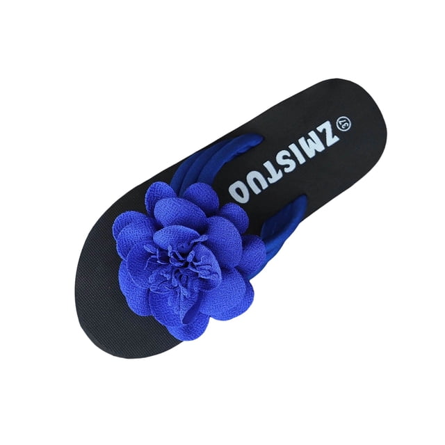 WLOELOEW Women'S Plus-Size Beach Sandals With Floral Pattern Thick Sole For Summer Blue Cloth Material Size 6 Us 9.25 Inches