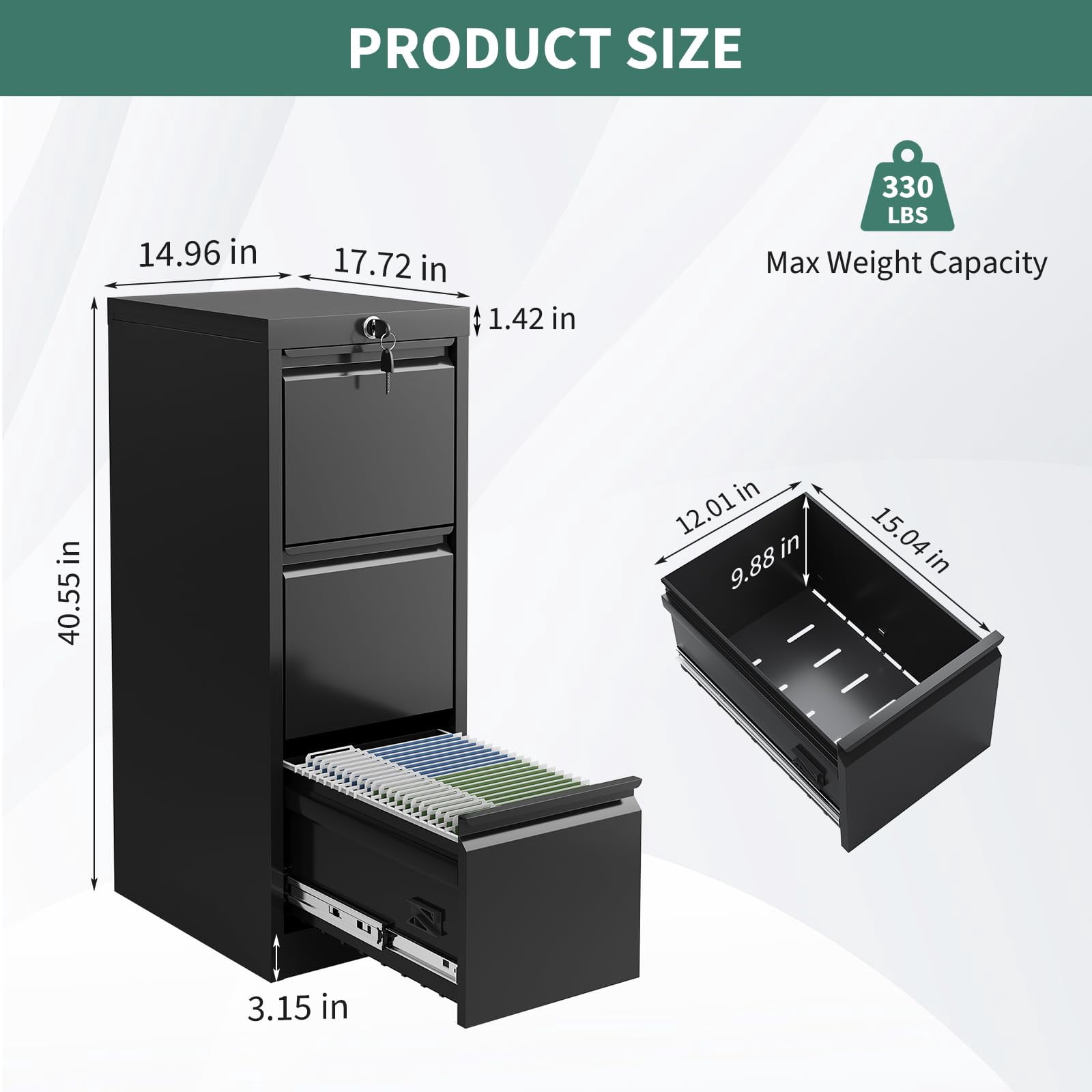 Danolapsi File Cabinet, 3-Drawer Metal File Cabinet with Lock, Legal/A4 Folders for Home, Office, Assembly Required