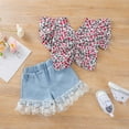 thumbnail image 2 of Franhais 2 Pieces Kids Suit Set, Flower Print V-Neck Short Sleeve Tops+ Lace Trim Denim Shorts for Girls, 1-6 Years, 2 of 8