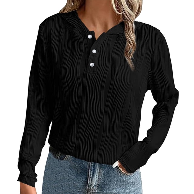 Sudadera con Capucha para Mujer, Informal, Holgada, de Larga, con Cuello en V y Botones, para Otoño. Negro L