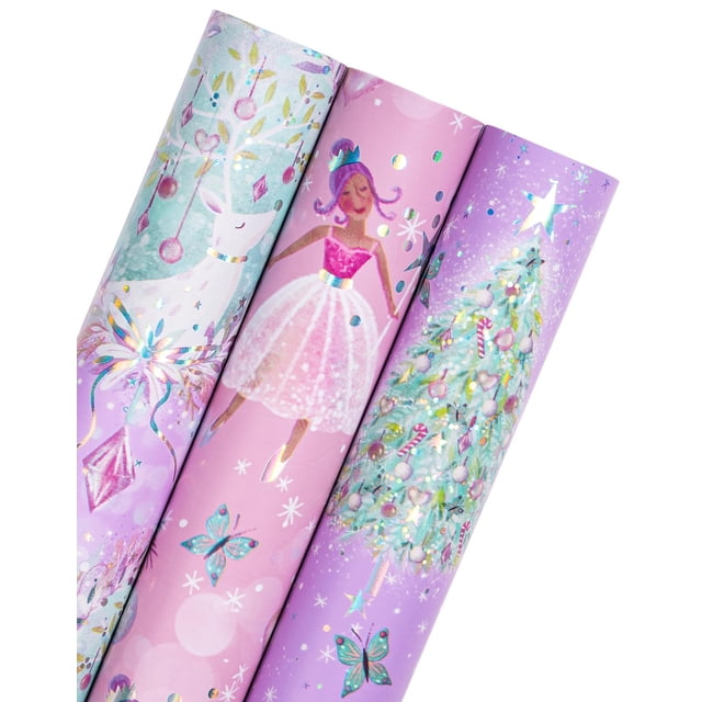 Rollo de papel de regalo navideño WRAPAHOLIC, 3 rollos para niñas