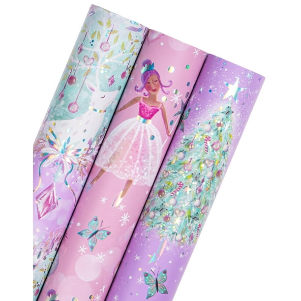 Rollo de papel de regalo navideño WRAPAHOLIC, 3 rollos para niñas