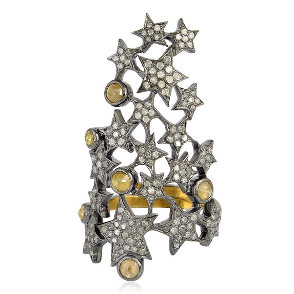 Pave Diamond 18 kt Gold Star Style Long Ring 925 Sterling Silver Jewelry