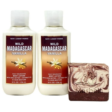 Bath & Body Works Wild Madagascar Vanilla 2 Pack Daily Nourishing Body Lotion Bundle with a Marbela Cherry On Top Bar Soap - Full Size