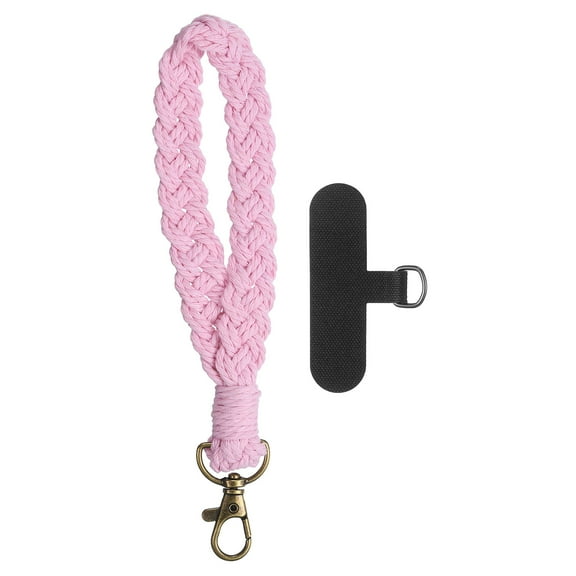 Boho Macrame Keychain, Handmade Wristlet Bracelet Keychain Keyring Holder Key Wrist Lanyard Phone Wrist Strap with T-shaped Pad for Women Girls, Pink