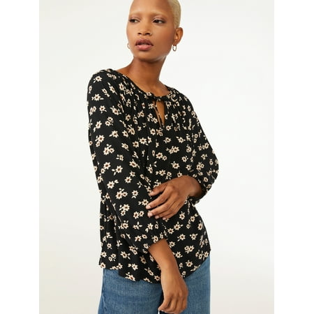 Free Assembly Women's Tie Neck Swing Top with Long Sleeves