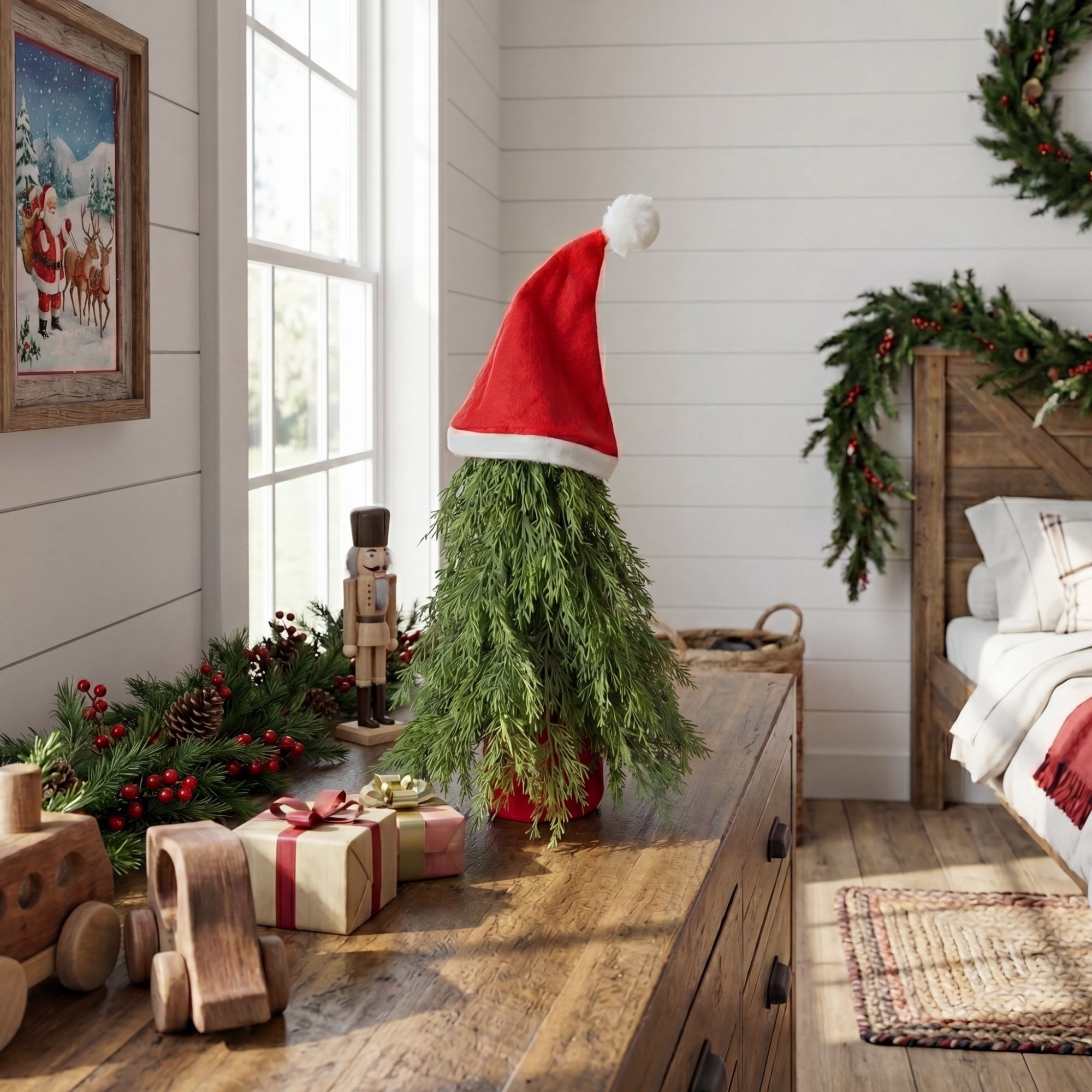 19in. Artificial Down Swept Christmas Tree with Santa Hat Topper