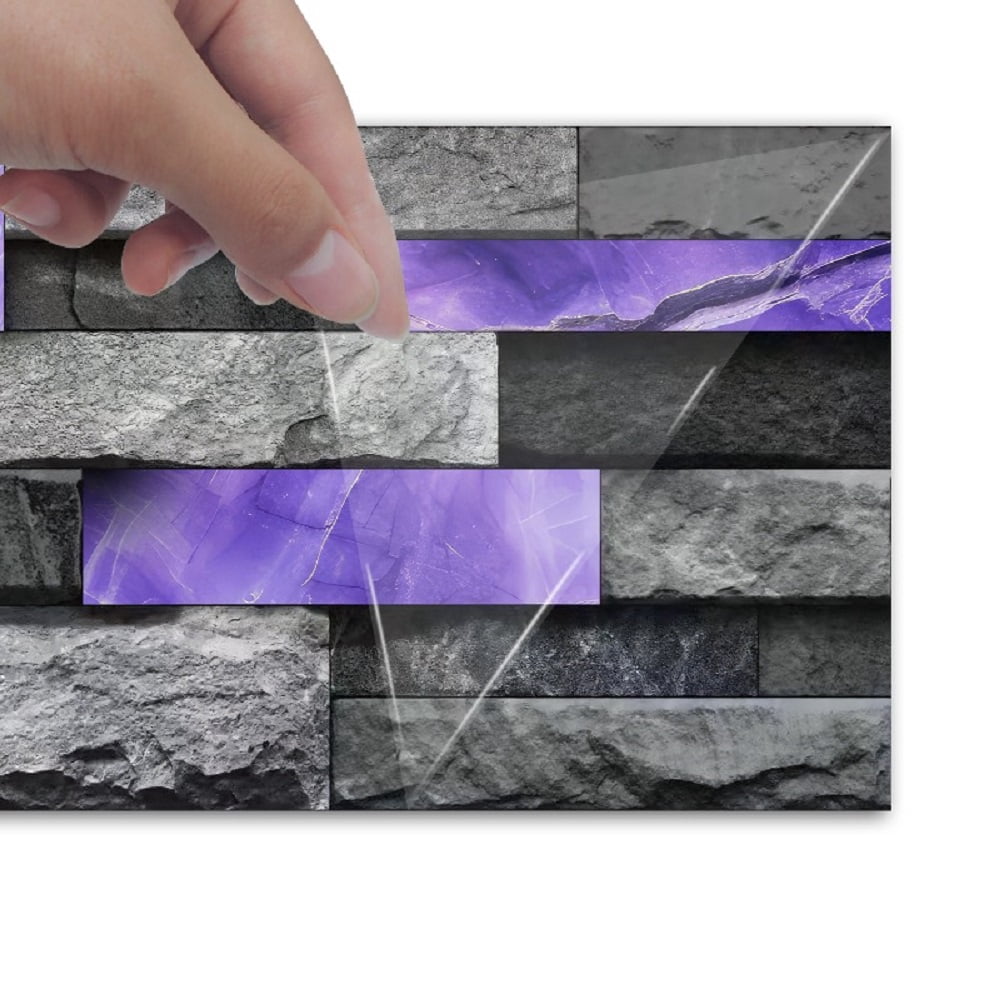 24 Sheets Peel and Stick Backsplash Marble Wall Tiles Waterproof Oilproof Purple Glossy Imitation Stone Brick Wall stickers PVC Shower Wall Panels for Interior Wall Decor