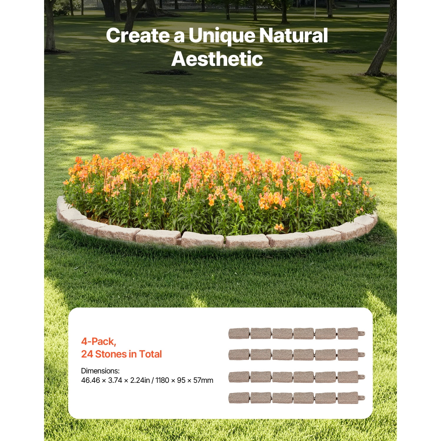 KFFKFF Imitation Stone Landscape Border, 46.4 x 2.2 in Authentic Lawn Border, Bendable Brick-Like Garden Border with Grounding Pegs, Durable Driveway and Walkway Edging in Brown, Resistant to Fading