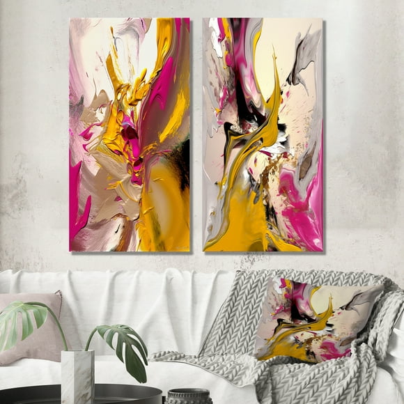 Designart "Soul's Adagio Abstract Expressionism III" Peinture Abstraite Art Mural Ensemble de 2 - Décoration Murale Moderne Rose Ensemble de 2