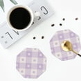 thumbnail image 4 of Naloa Floral Purple Buffalo Plaid Leather Coasters for Drinks, Durable Drink Coasters 4 Set for Tabletop Protection, Luxurious Home Décor and Housewarming Gift ( {designName})Octagon, 4 of 6