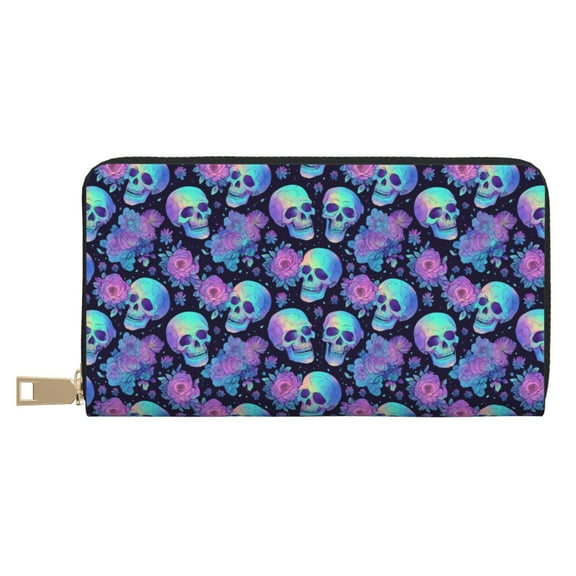 Leather Thin Slim Wallets for Women Men - starry sky Skull flower Clutch Card Wallet for Women Men with Zipper