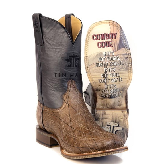 Men's Tin Haul Criss-Crossed Boots with Cowboy Code Sole Handcrafted Square Toe Brown