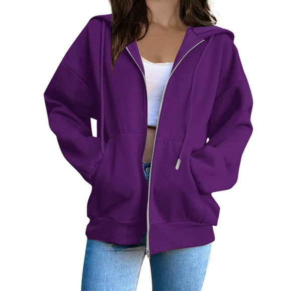 Zip up Hoodie Women Long Sleeve Hooded Sweatshirts Drawstring Full Zip Hoodies Lightweight Fall Jackets with Pockets Casual Winter Warm Fleece Hoodies Outerwear Purple XXL