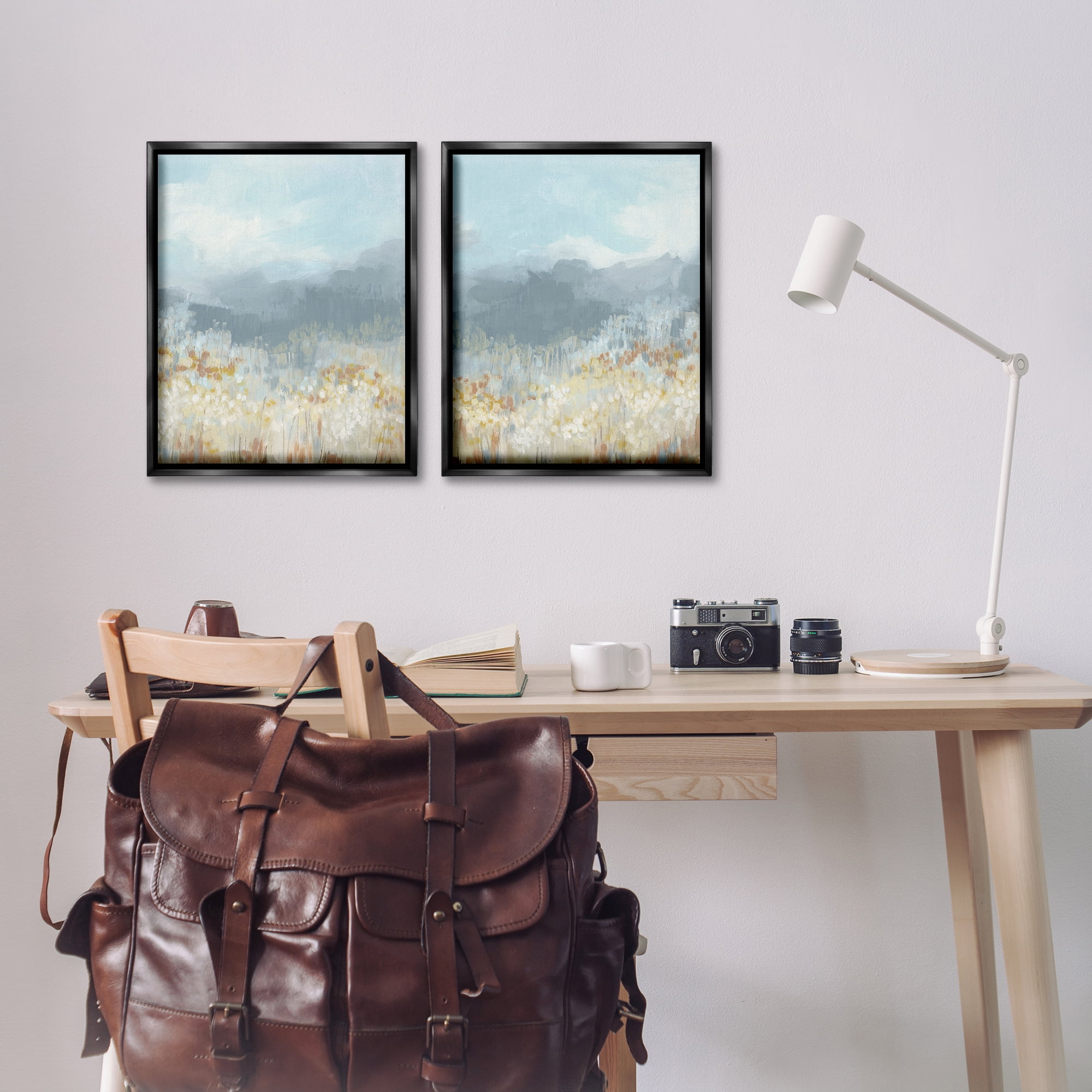 Stupell Industries White Flower Field Mountains Landscape & Nature Painting Black Floater Framed Canvas Art Print Wall Art, 17 x 21, Set of 2