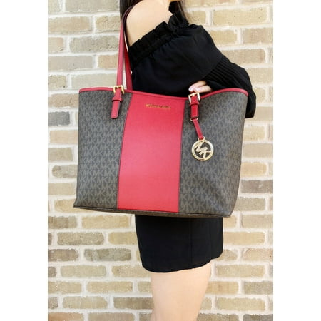 Scarlet Jet - Michael Kors Jet Set Travel Medium Carryall Tote Brown MK Signature Scarlet Red