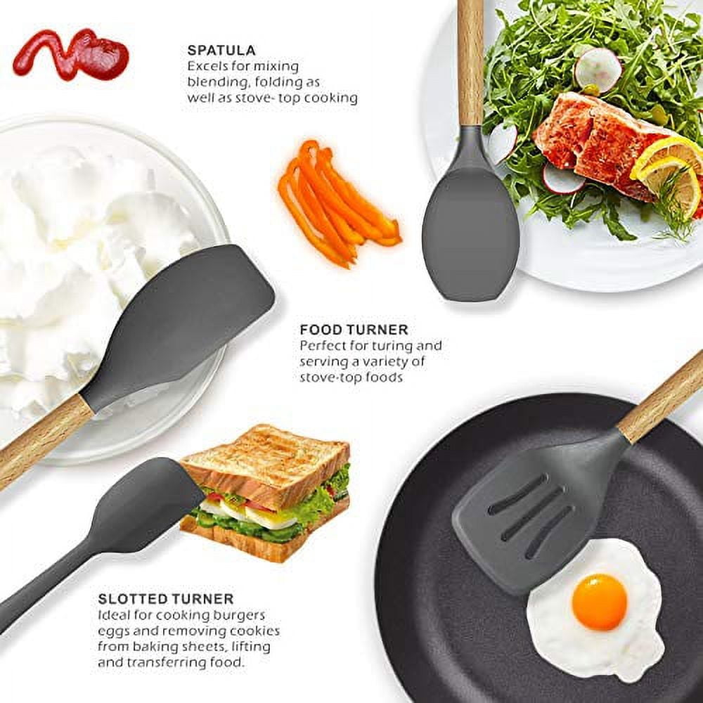 Five14 Kitchen Utensils Set - High Heat Resistant White Silicone Cooking Utensils Set with Silicone Spatula, Tongs, Ladle, Serving Spoons - Non-Stick