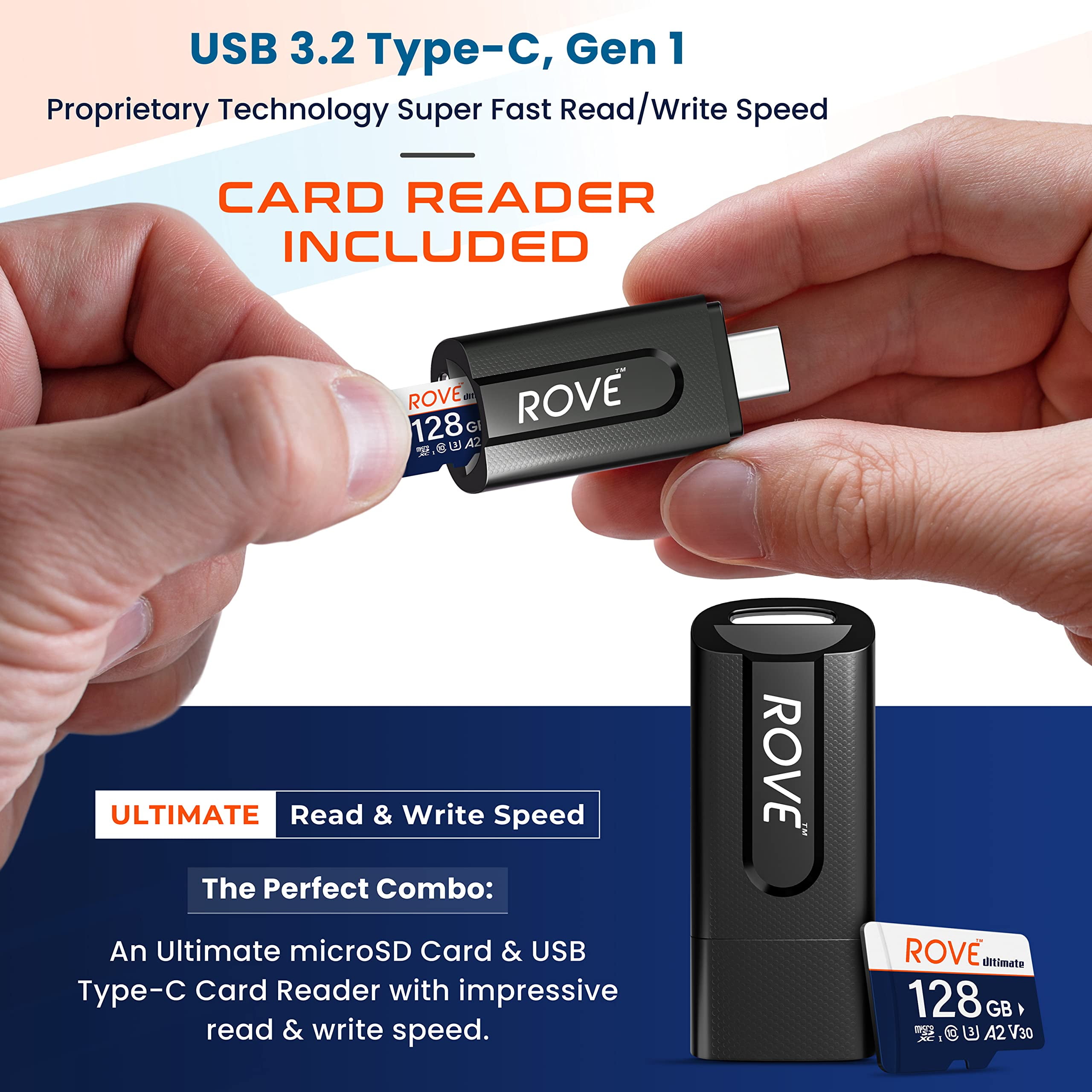 ROVE Ultimate Micro SD Card microSDXC 128GB Memory Card with USB 3.2 Type C Card Reader 170MB/s C10, U3, V30, 4K, A2 for Dash Cam, Android Smart Phones, Tablets, Games