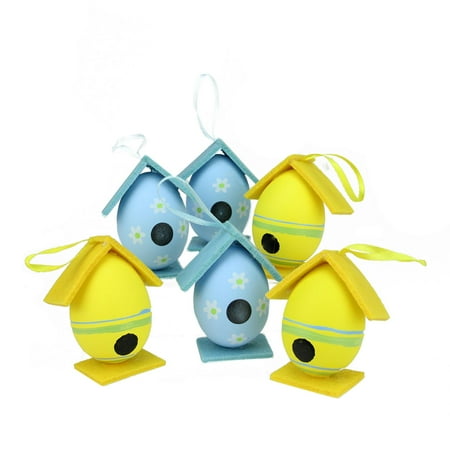 Miniature Easter Ornaments Set of 6 Yellow and Blue Decorative Floral Painted Design Spring Easter Egg Birdhouse Ornaments 3
