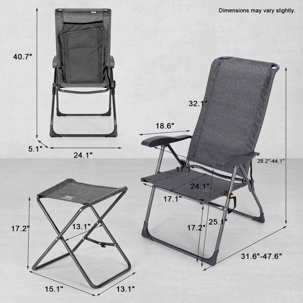 Hommoo 4-Piece Adjustable Reclining Patio Chair & Ottoman Set, Steel Frame with Breathable Mesh, Foldable Outdoor Dining Chairs for Backyard, Garden, Poolside, Gray