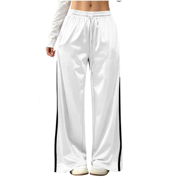 hoksml Women's Satin Side Stripe Track Pants Drawstring Elastic Waist Wide Leg Trousers with Pockets for Casual Streetwear