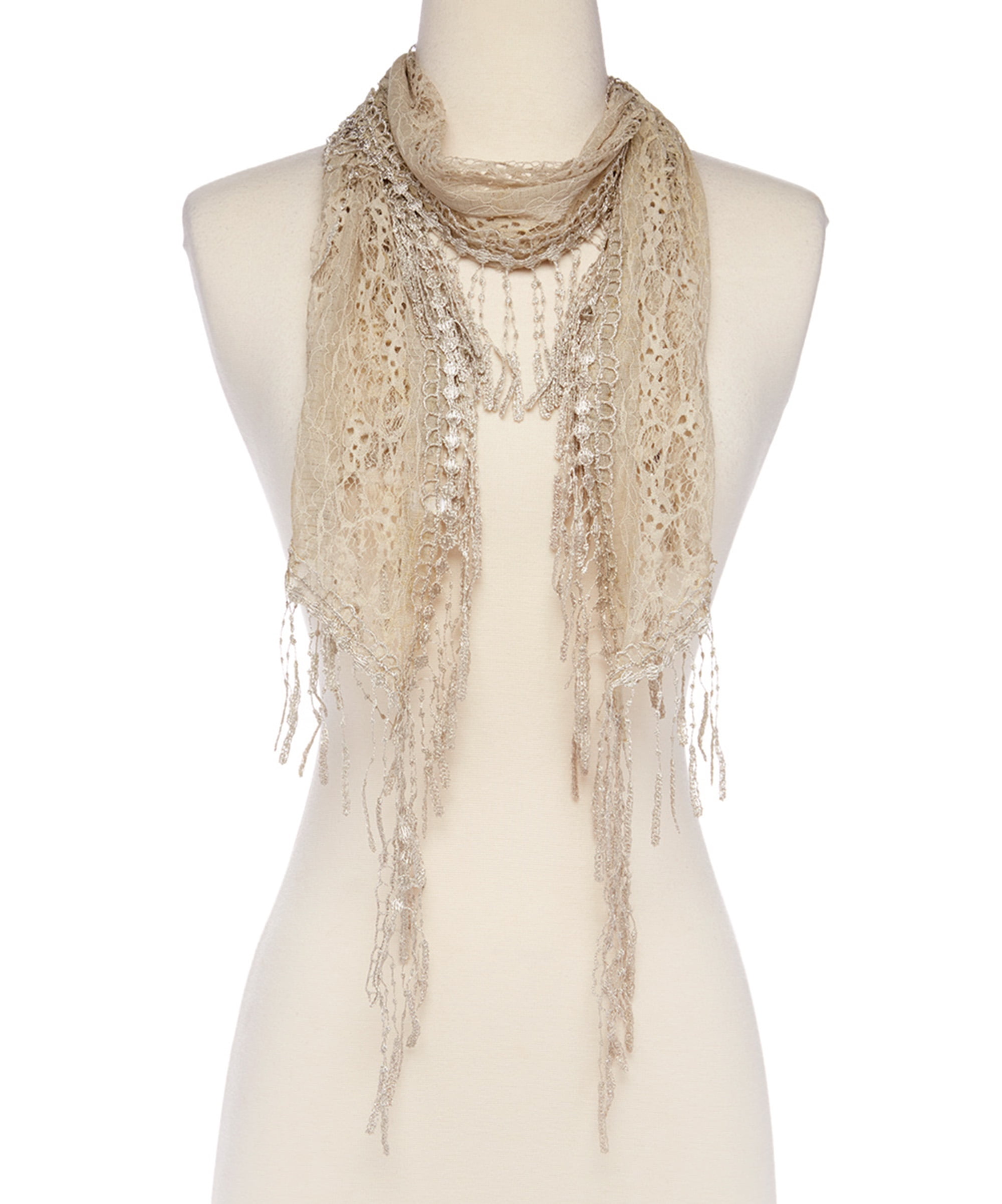 Ladies Beige Triangle Scarf Silver Thread Tassles