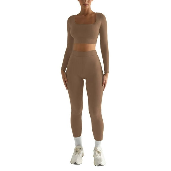 Workout Sets for Women Fashion Casual Solid Color Long Sleeve Square Collar Two Piece Slim Yoga Sports Pants Suit Women's Yoga Sets
