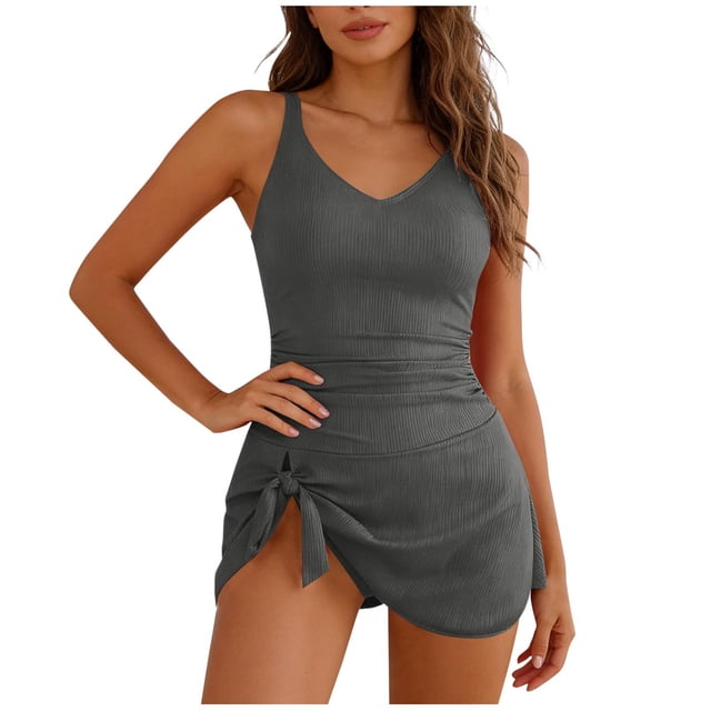 Qholemyo Maillot de Bain une Pièce pour Femme, Col en V, Froncé, à Nouer sur les Côtés, Robe de Bain Ajustée avec Culotte Intégrée, Uni, Tendance, Été