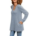 thumbnail image 4 of AXXD Womens Blouses Blue Basic Summer 2024 Loose Casual Solid V-neck Side Slit With Pockets Long Sleeved Top, 4 of 9