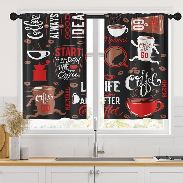 Coffee Cafe Vintage Kitchen Curtains 36 Inch Length Retro Window Curtains Over Sink Set of 2, Cup Go Cartoon Funny Short Tier Curtain for Kitchen, Farmhouse Small Kitchen Decor 26x36 Inch