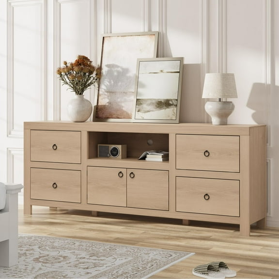 Emorefun Farmhouse Entertainment Center, TV Stand with 6 Storage Drawers for 75/80 Inch TVs, Wood Color