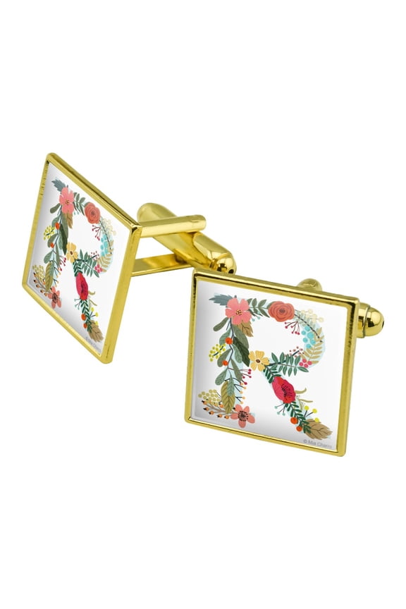 Letter R Floral Monogram Initial Square Cufflink Set - Silver or Gold
