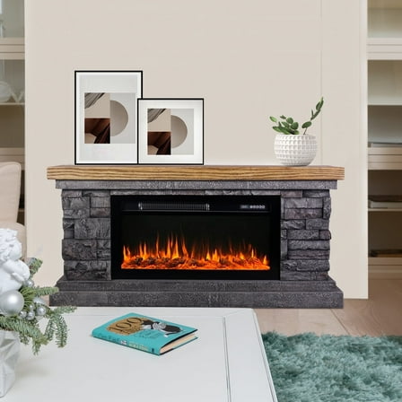 Afterglow Terrafab Indoor Smart Electric Fireplace, High Simulate Wood Shape Inside, 3-Level Adjustment Flame Brightness, Faux Stone Gray
