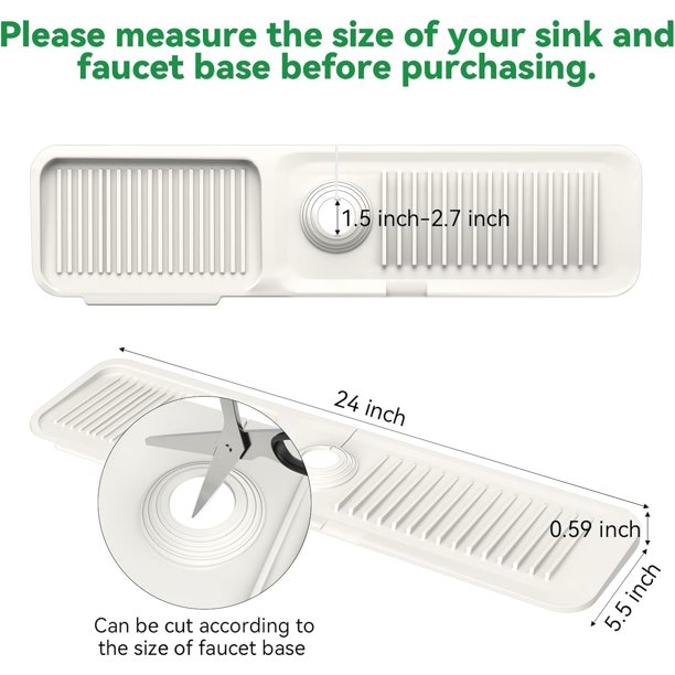 Kitchen Sink Splash Guard Behind Faucet 24 x 5.5 Inch. Faucet Handle Drip Catcher Tray, Longer Silicone Sink Faucet Mat, Dish Soap Sponge Holder for Bathroom, Farmhouse, Bar, Rv,Beige White