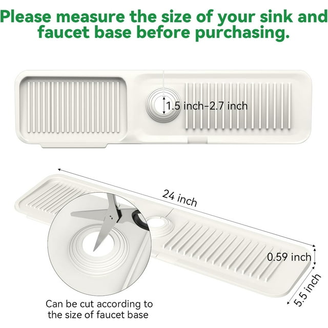 Kitchen Sink Splash Guard Behind Faucet 24 x 5.5 Inch. Faucet Handle Drip Catcher Tray, Longer Silicone Sink Faucet Mat, Dish Soap Sponge Holder for Bathroom, Farmhouse, Bar, Rv,Beige White