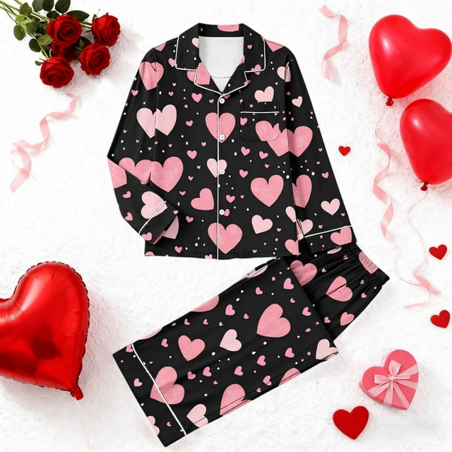 RKSTN Women's Valentines Pajama Sets Plus Size Notch Collar Button Down Valentine's Day Print T Shirt Top and Pjs Pant 2 Piece Matching Set Casual Lapel Sleepwear Shirt Pjs Loungewear Two Piece Set