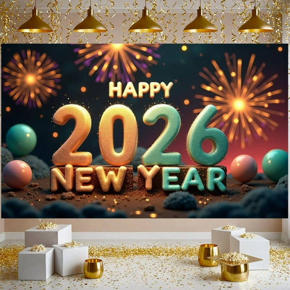 Festive Theme Happy New Year Banner Firework Design 2026 New Year Display Colorful Balls 3D Numbers New Year Backdrop for New Year Party Holiday Celebration New Year Eve Event