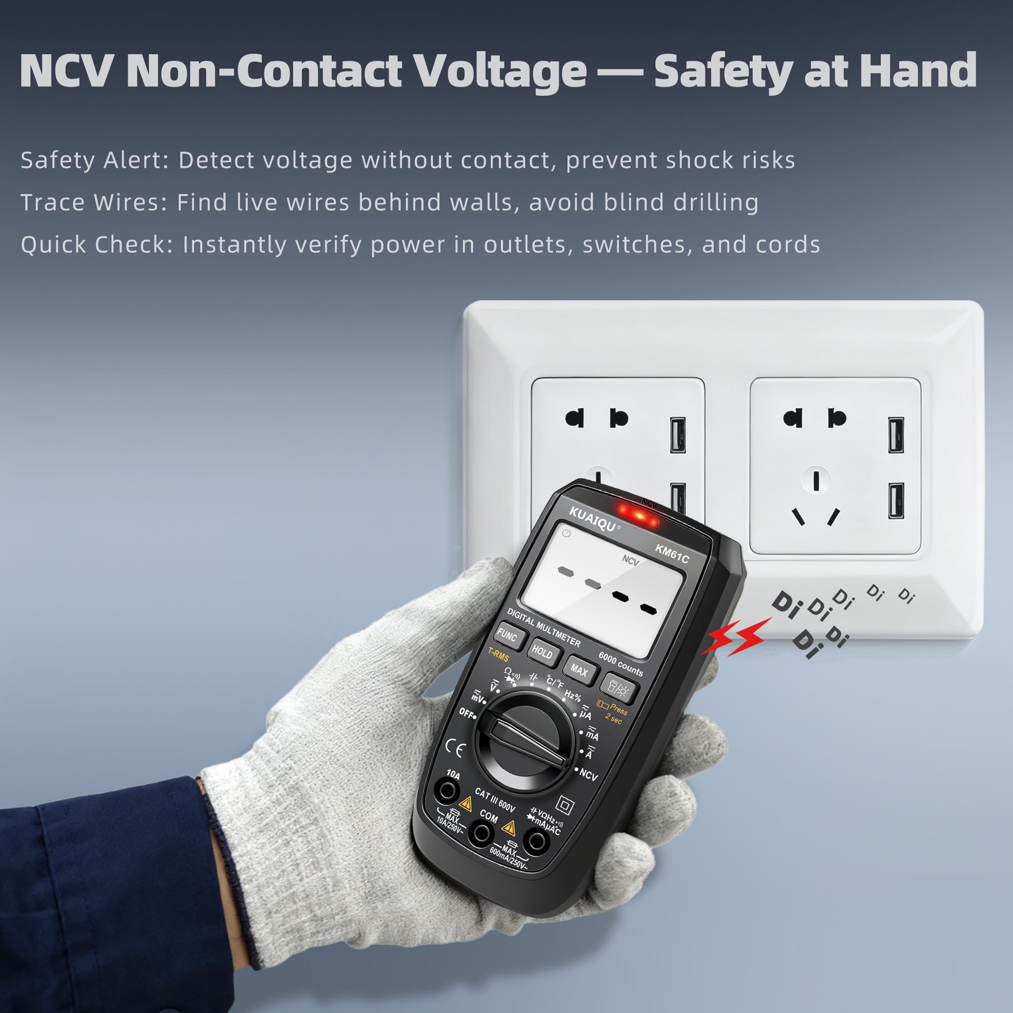 KUAIQU Digital Multimeter TRMS 600V AC/DC Voltage Tester 6000 Counts NCV Ohmmeter Measures Resistance Capacitance Frequency Temperature Diodes Suitable for Electronics HVAC Multimeter KM61C