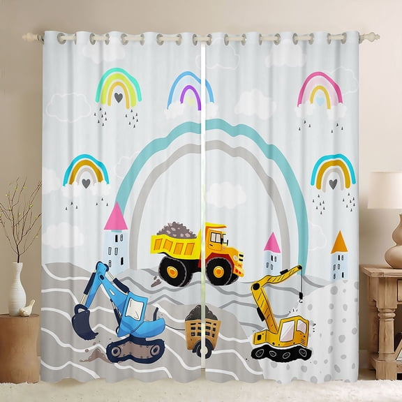 Feelyou Construction Truck Kids Black Out Curtains, Cute Rainbow Curtains Pack of 2 (42x63 Each), Cartoon Vehicle Theme Bedroom Curtains, Blackout Curtains Home Decor
