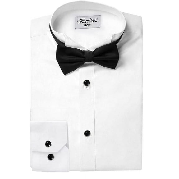 Berlioni Italy Men's Tuxedo Dress Shirt with Bow-Tie (Wing-Tip Plain 136, 2XL (18-18½) sleeve: 36/37)