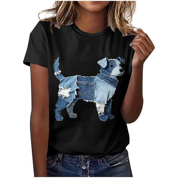 Sexlip Women's Summer Round Neck Short Sleeve Printed Casual Tops Cute Graphic Fashion Funny Tshirt Going Out Clothes Black M