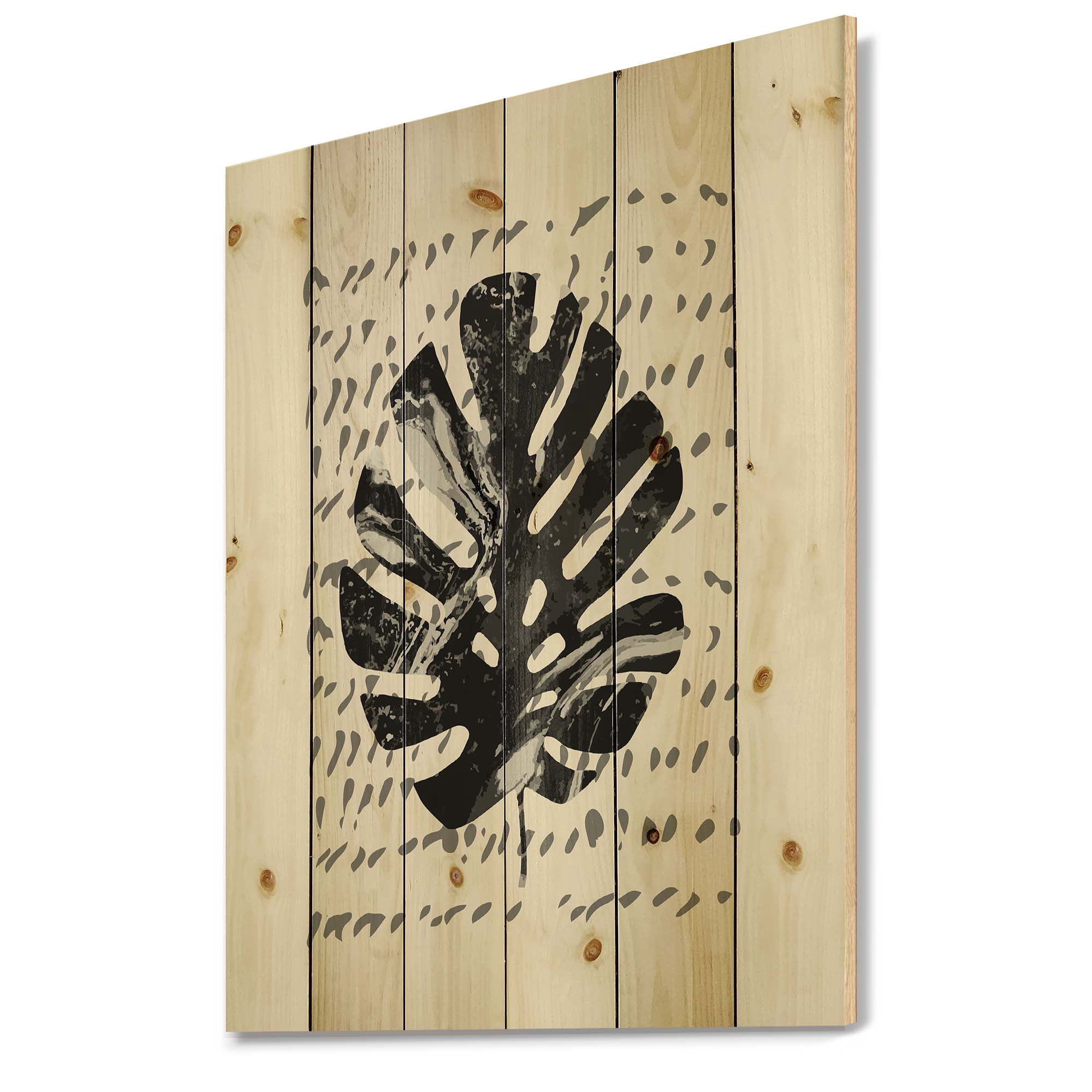 Designart 'Minimal Tropical Palm Leaf Over Grunge Texture' Tropical Print on Natural Pine Wood