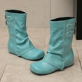 thumbnail image 5 of Pandaie Women's Slouchy Ankle Boots Fold Over Hidden Wedge Western Booties Pull on Wide Calf Buckles Motorcycle Riding Shoes Mint Green 7.5, 5 of 7