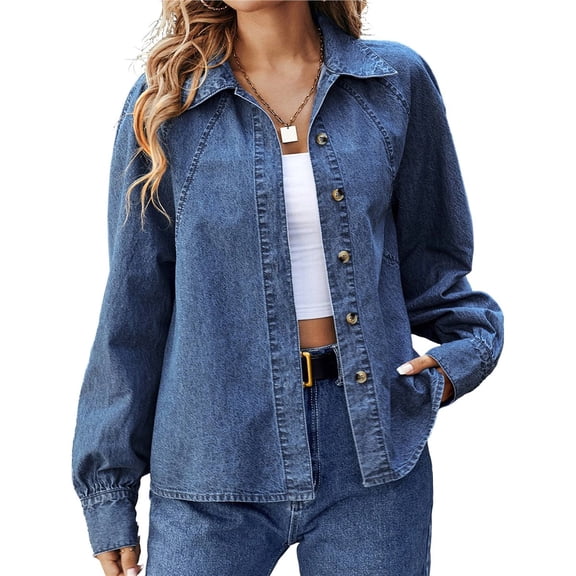 Women Denim Shirt Long Sleeve Jean Shirt Long Sleeve Regular Fit Casual Button Down Shirts Blue S