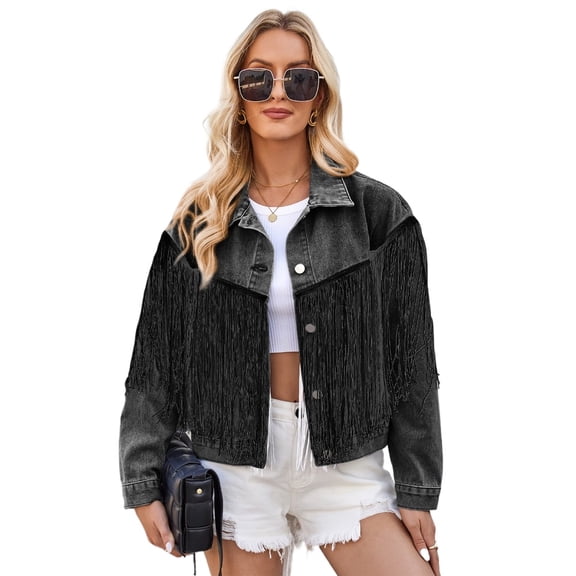 LYMAYTER Womens Denim Jacket Fall Fringe Washed Cowboy Outwear Female Lapel Long Sleeve Jeans Jacket S-XL