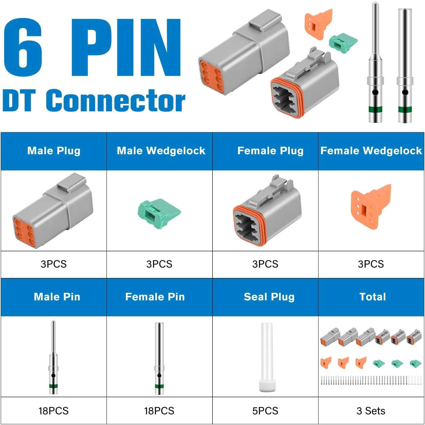 Nilight 6 PIN DT Connector Kit 3 Sets Size 16 Solid Contacts Waterproof Male Female Terminal for 14-20 AWG DT Series Connectors Car Truck Motorcycle Off-Road Vehicles Boat