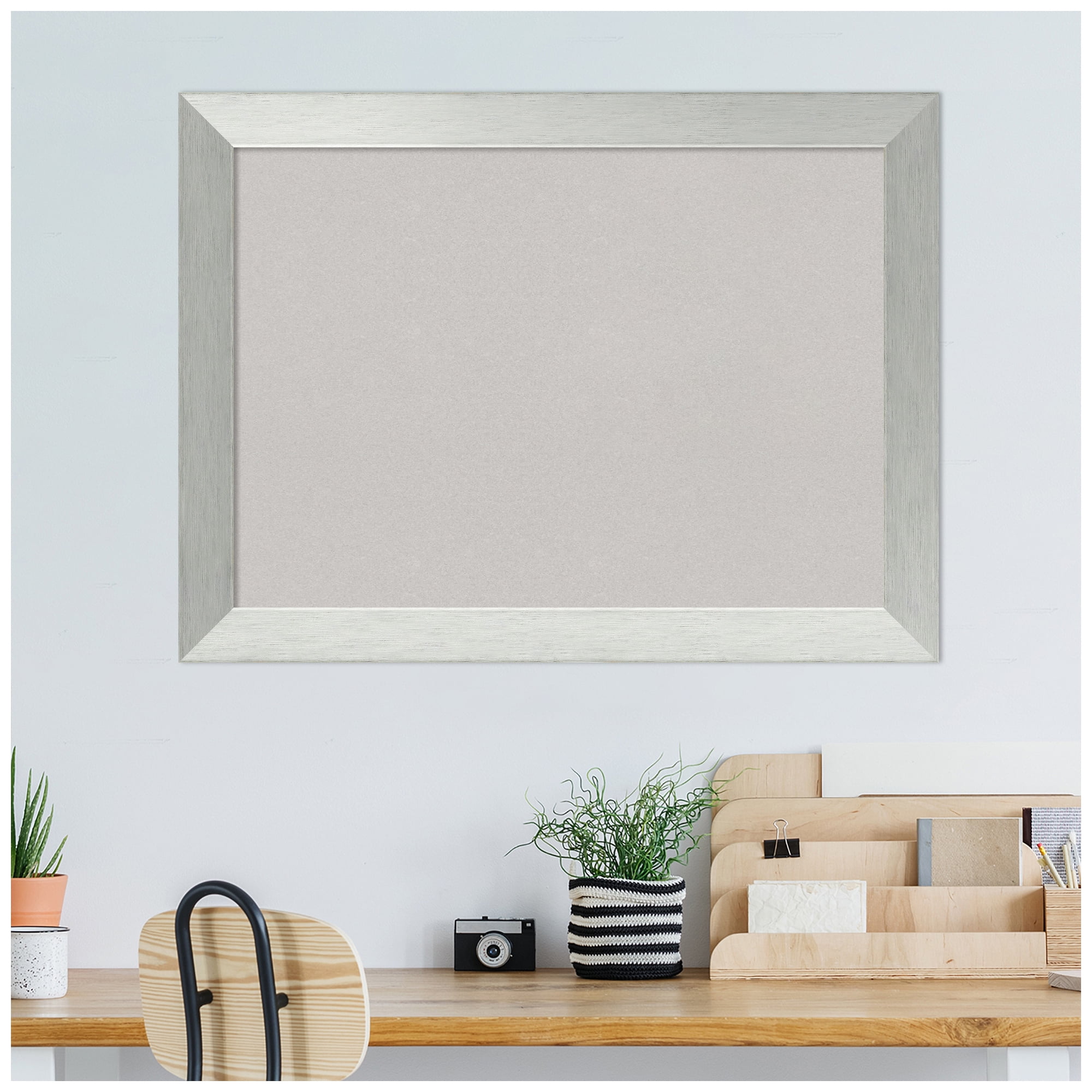 Amanti Art Grey Cork Board Wood Framed Brushed Sterling Silver Bulletin Board 32 in. x 24 in.