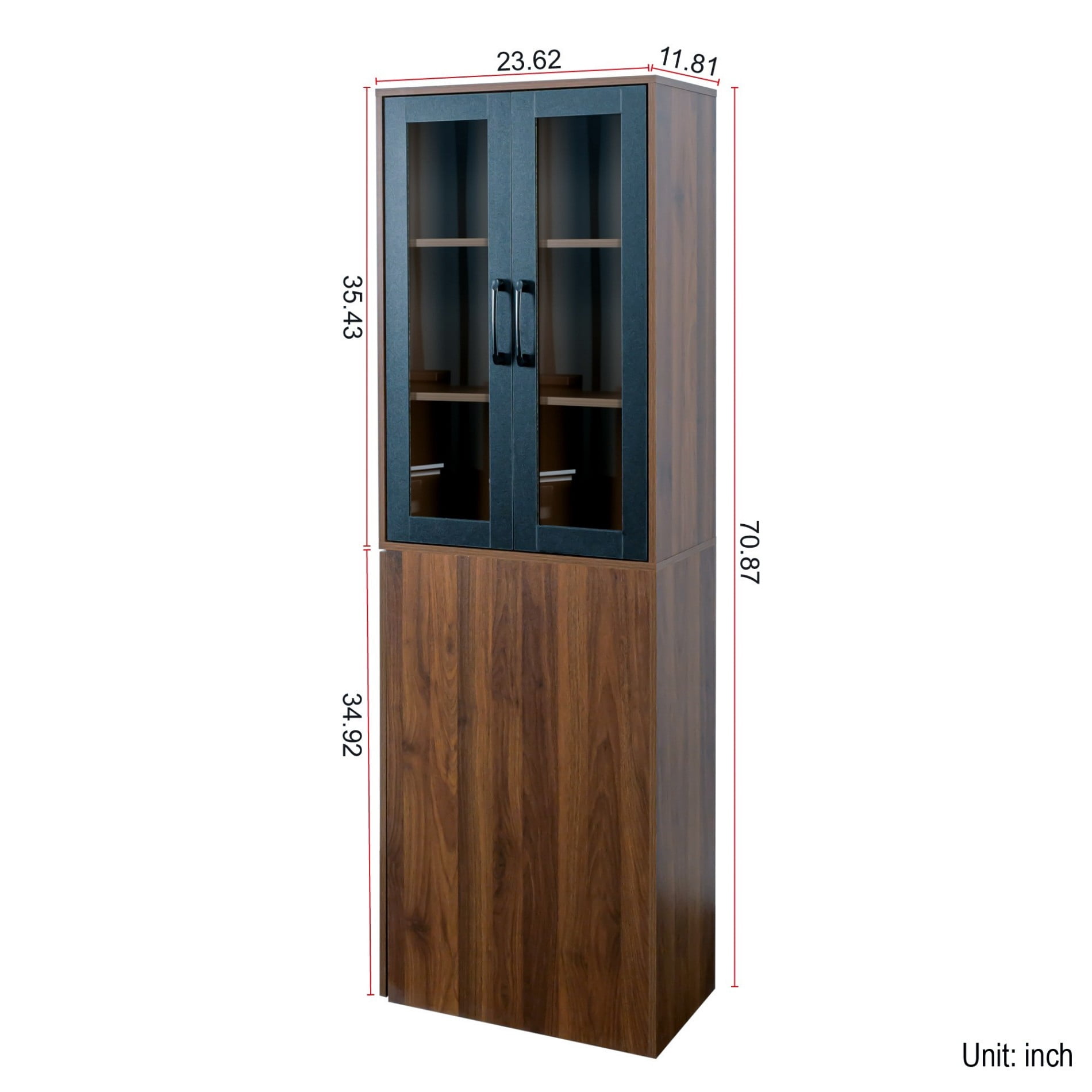 70.8" Tall Pantry Cabinet with Glass Doors, Pull-Out Shelves Storage Cabinet, 4 Tier Display Bookcase with Sliding Organizer, Freestanding Kitchen Storage Cabinet for Living Room, Dining Room, Walnut