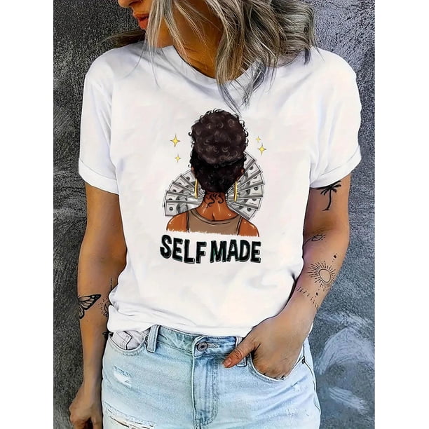 Camiseta gráfica inspiradora para mujer, de algodón, cuello redondo informal, elasticidad media, tejido de punto, con estampado de retrato, ajuste cómodo para todas las estaciones, camisetas informale